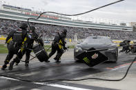 Ty Gibbs (54) pulls in for a pit stop before the final laps of a NASCAR Cup Series auto race on Sunday, March 5, 2023, in Las Vegas. (AP Photo/Ellen Schmidt)