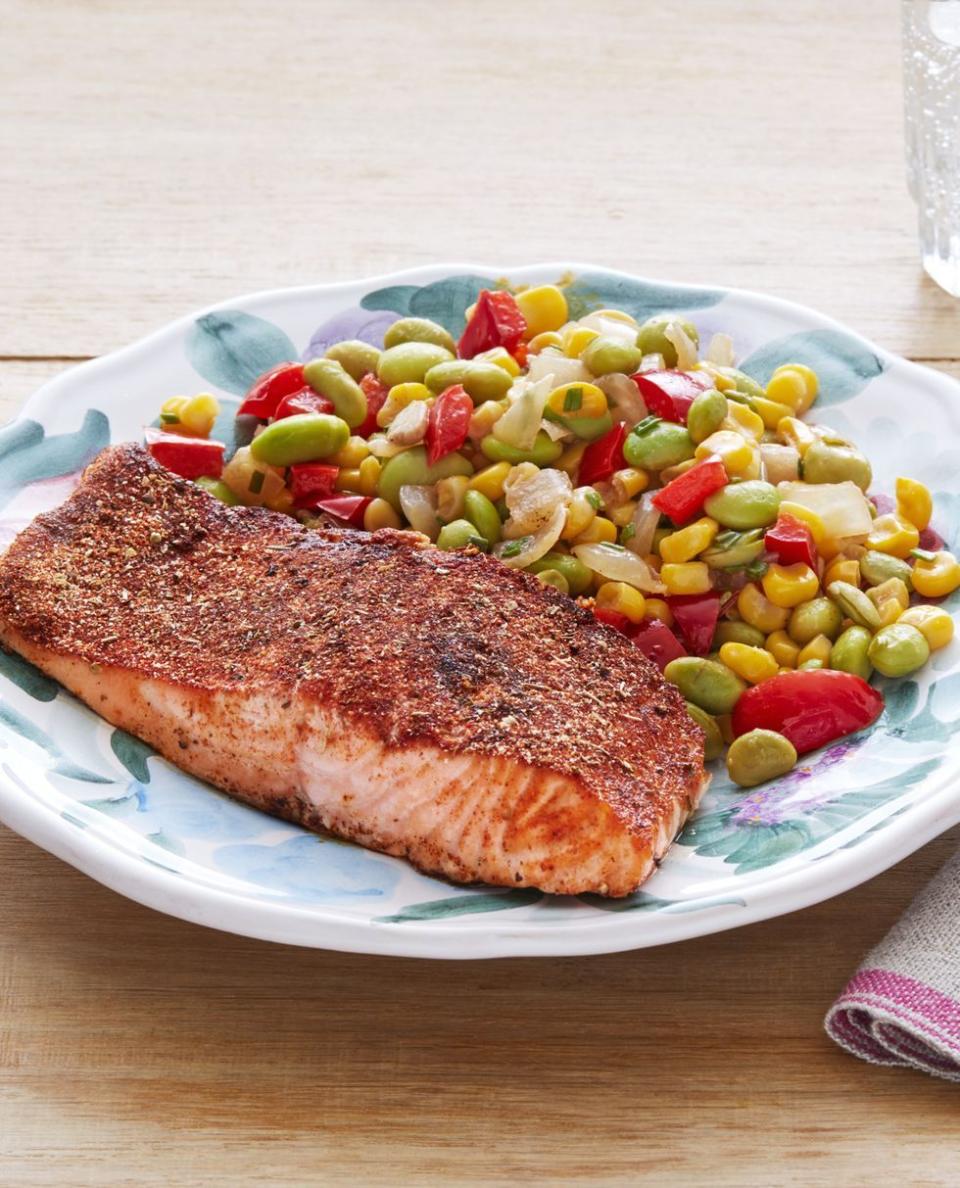 salmon recipes blackened with edamame succotash