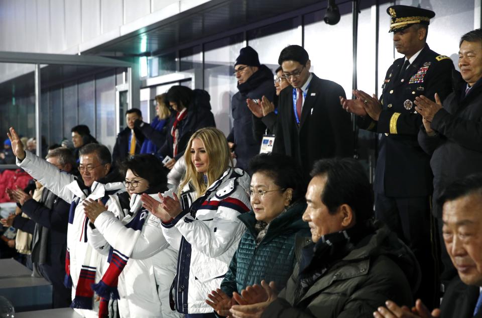 South Korean President Moon Jae-in, first lady Kim Jung-sook and Ivanka Trump applaud as athletes from North and South Korea walk together during the Closing Ceremony at PyeongChang Olympic Stadium on Sunday. (Getty Images)