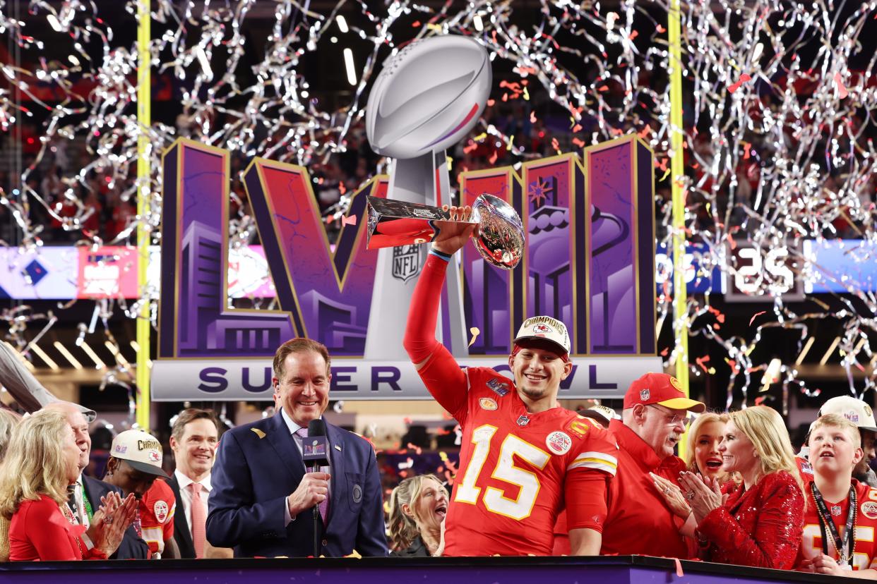 Patrick Mahomes #15 of the Kansas City Chiefs holds the Lombardi Trophy after defeating the San Francisco 49ers 25-22 during Super Bowl LVIII at Allegiant Stadium on February 11, 2024 in Las Vegas, Nevada.