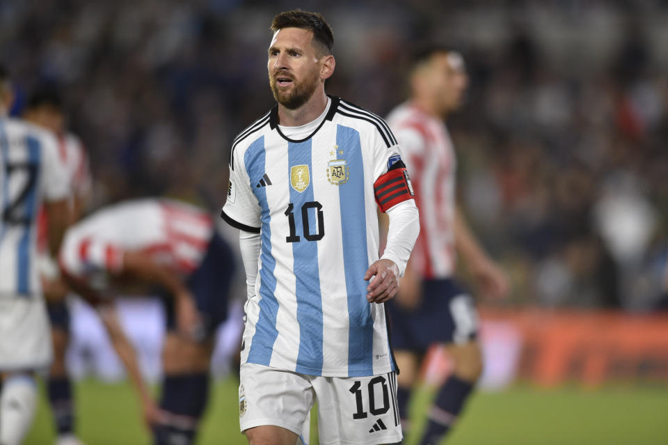 Argentina's Lionel Messi walks the field during a qualifying soccer match for the FIFA World Cup 2026 against Paraguay at the Monumental stadium in Buenos Aires, Argentina, Thursday, Oct. 12, 2023. (AP Photo/Gustavo Garello)