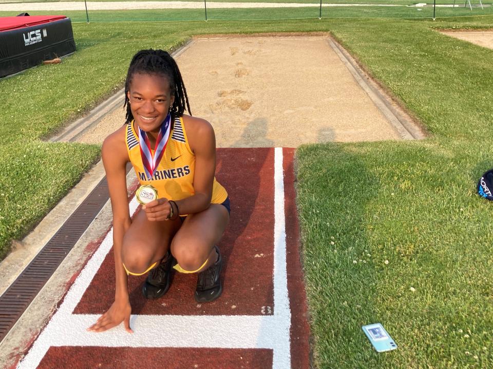 Toms River North's Ayotunde Folawewo after breaking the Shore Conference meet record in the triple jump