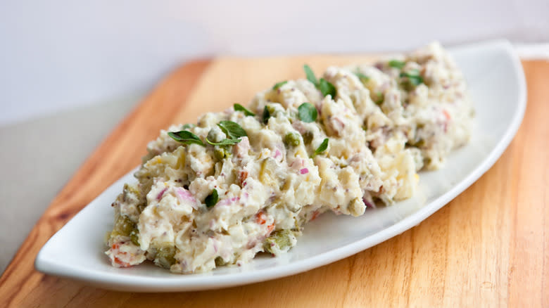 potato salad on long plate