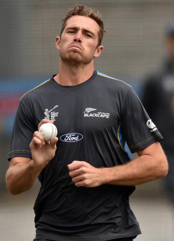 New Zealand's Tim Southee bowls during a training session at the Melbourne Cricket Ground (MCG), ahead of their Cricket World Cup final match against Australia, in Melbourne, on March 27, 2015