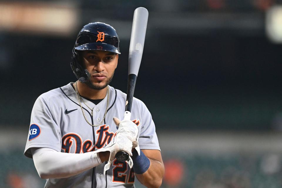 Detroit Tigers right fielder Victor Reyes (22) walks around the bridge circle during the first game against the Baltimore Orioles at Oriole Park at Camden Yards.