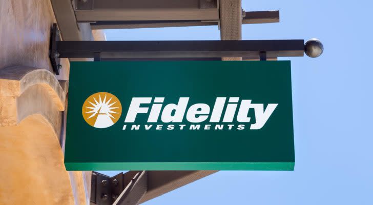 Fidelity Investments sign hangs from a building