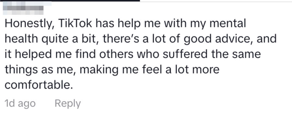 A screenshot of a social media comment expressing gratitude towards TikTok for mental health support and community