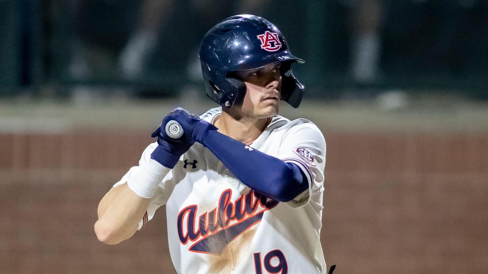 Auburn infielder Brooks Carlson (19) during an NCAA baseball game on Thursday, March 17, 2022, in Auburn, Ala. (AP Photo/Vasha Hunt)