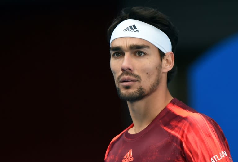 Fabio Foginini of Italy reacts during his men's singles semi-final match against Rafael Nadal of Spain, at the China Open tournament, in Beijing, on October 10, 2015