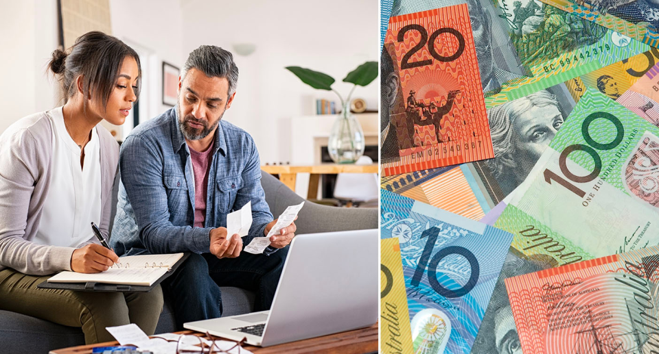 Cost of living: A couple looking through papers and at a computer screen and Australian currency.