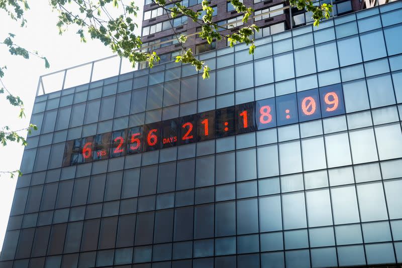 The Climate Clock is pictured during a protest in advance of Earth Day in New York