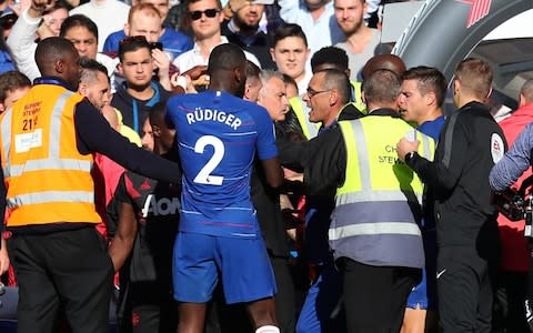  Jose Mourinho, Manager of Manchester United clashes with Maurizio Sarri, Manager of Chelsea during the Premier League match between Chelsea FC and Manchester United at Stamford Bridge - Credit: Getty images