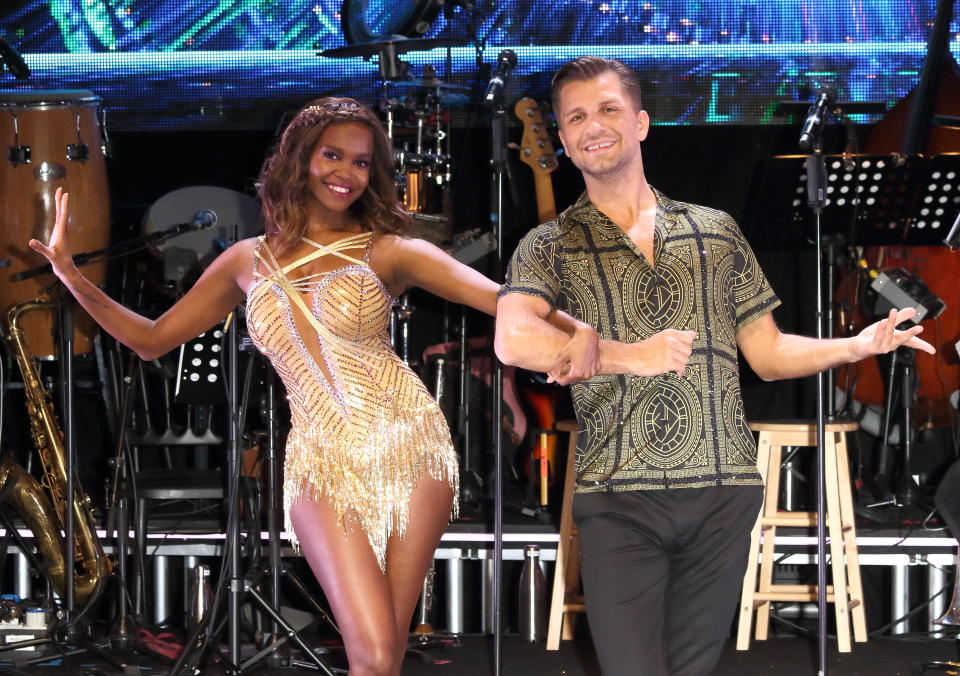 Oti Mabuse and Pasha Kovalev seen at the Strictly Come Dancing. The Professionals UK Tour 2019 - Photocall at Elstree Studios. (Photo by Keith Mayhew / SOPA Images/Sipa USA)
