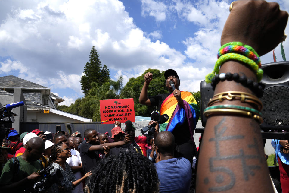 The Economic Freedom Fighters (EFF) leader Julius Malema speaks during their picket against Uganda's anti-homosexuality bill at the Ugandan High Commission in Pretoria, South Africa, Tuesday, April 4, 2023. Uganda's legislature last week passed the anti-homosexuality bill. The legislation is now with President Yoweri Museveni, who can sign it into law or return it back to the parliamentary speaker with proposed changes. (AP Photo/Themba Hadebe)