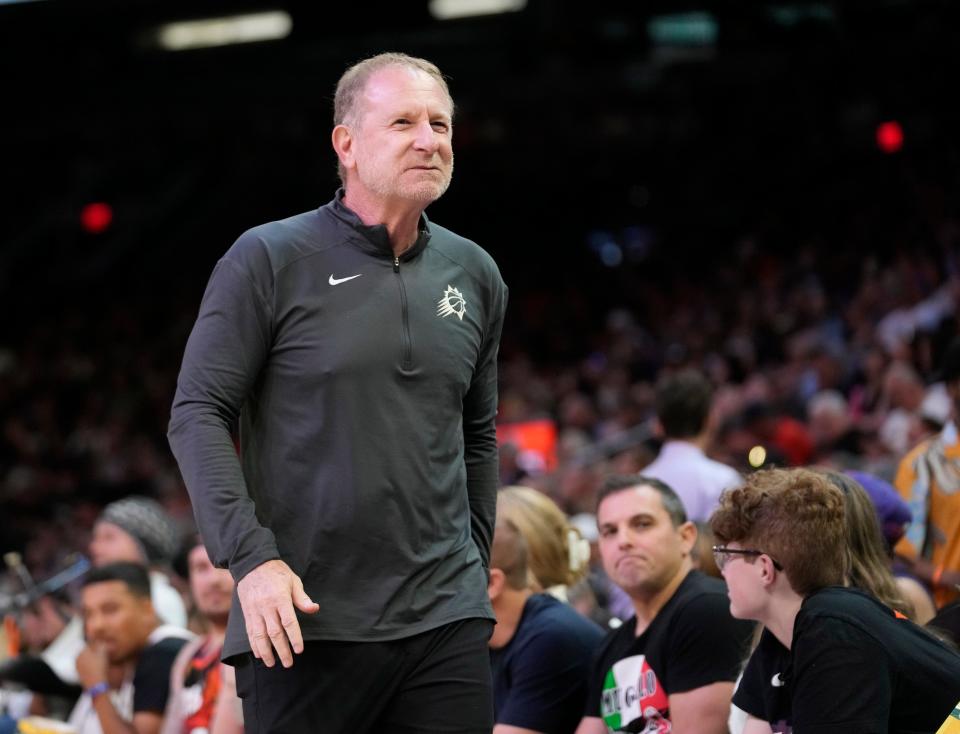 Apr 10, 2022; Phoenix, Ariz. U.S.;  Phoenix Suns owner Robert Sarver walks to his seat during the third quarter against the Sacramento Kings at Footprint Center.