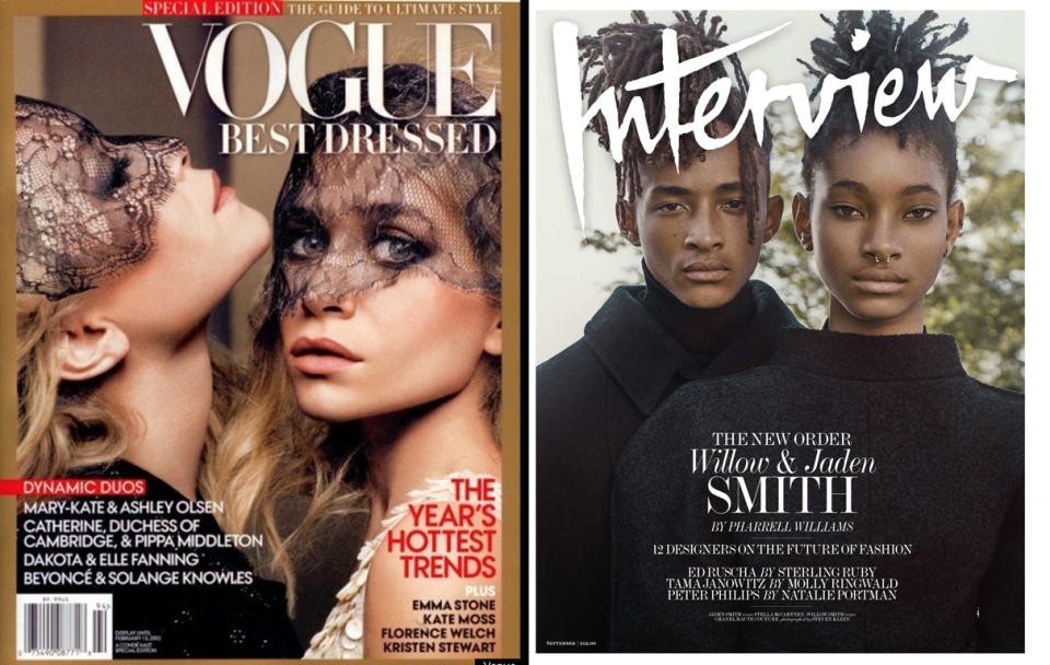 Both covers feature iconic siblings. [photos: Vogue/Interview Magazine]