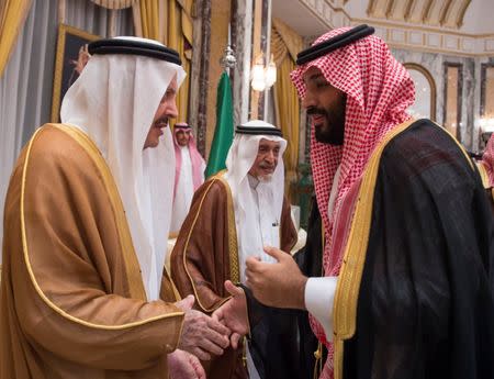 Saudi Arabia's Crown Prince Mohammed bin Salman (R) shakes hands with a member of the royal family during an allegiance pledging ceremony in Mecca, Saudi Arabia June 21, 2017. Bandar Algaloud/Courtesy of Saudi Royal Court/Handout via REUTERS