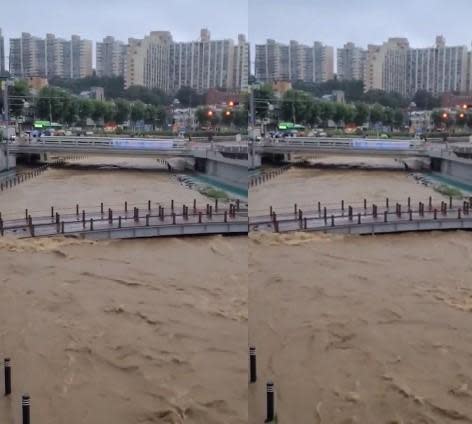 南韓連日暴雨釀災，目前傷亡主要集中在忠清和慶北中部地區。（翻攝自推特@hwangmincheol3）