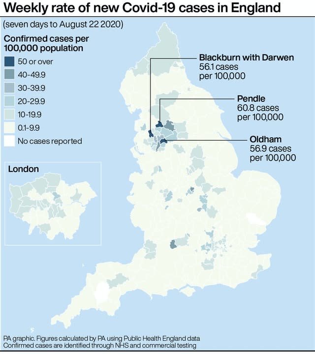 Weekly rate of new Covid-19 cases in England