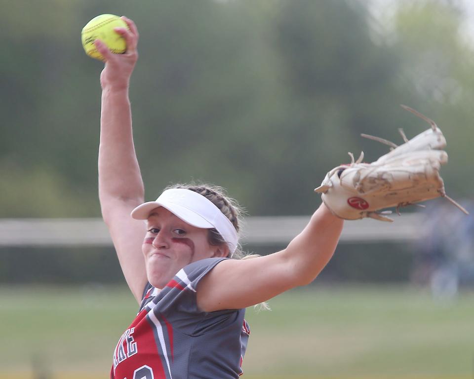 Silver Lake's Caroline Peterson winds up for a pitch in the top of the fifth inning of their game at Silver Lake Regional High School in Kingston on Friday, May 20, 2022.