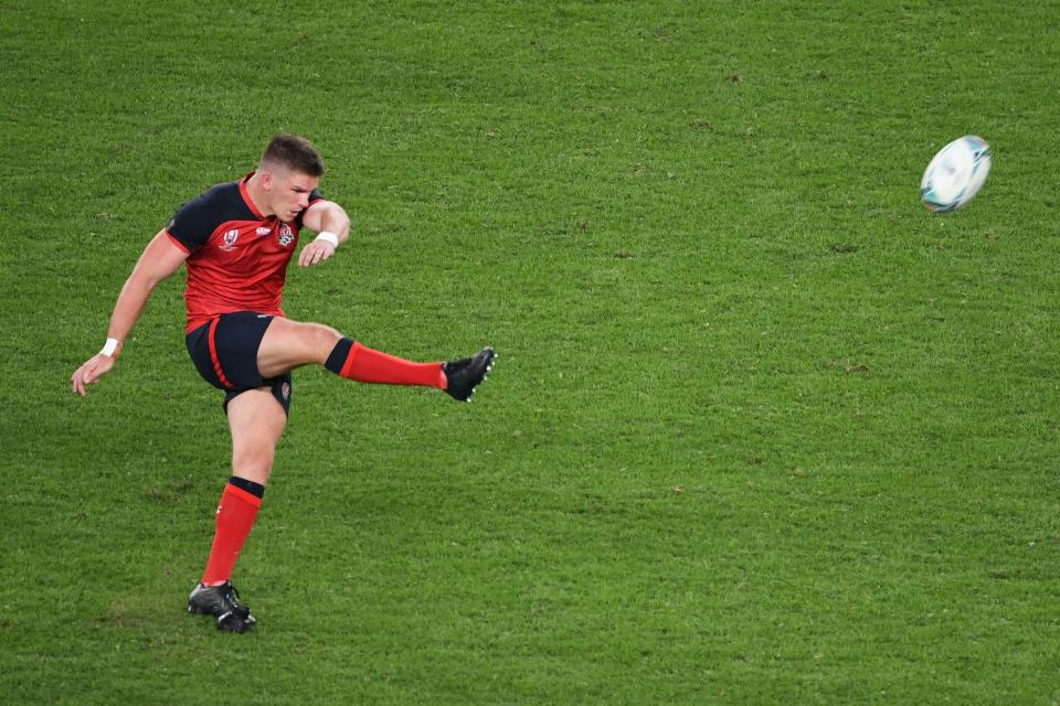 England's centre Owen Farrell kicks the ball during the Japan 2019 Rugby World Cup Pool C match between England and Argentina at the Tokyo Stadium in Tokyo on October 5, 2019. (Photo by William WEST / AFP) (Photo by WILLIAM WEST/AFP via Getty Images)