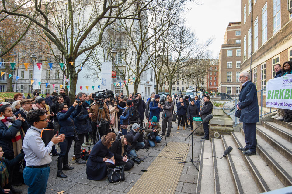 Labour leader Jeremy Corbyn speaking outside Birkbeck/SOAS University of London, at the announcement of Labour's plan for the extension of workers rights, whilst on the General Election campaign trail. Picture date: Tuesday December 3, 2019. Photo credit should read: Matt Crossick/Empics