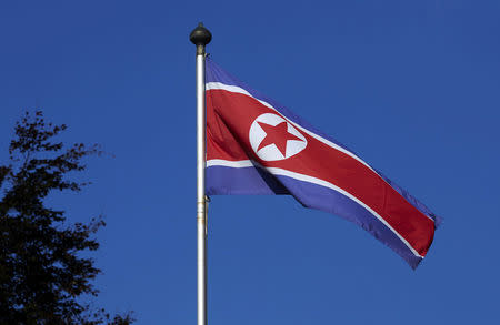 FILE PHOTO: A North Korean flag flies on a mast at the Permanent Mission of North Korea in Geneva October 2, 2014. REUTERS/Denis Balibouse/File Photo
