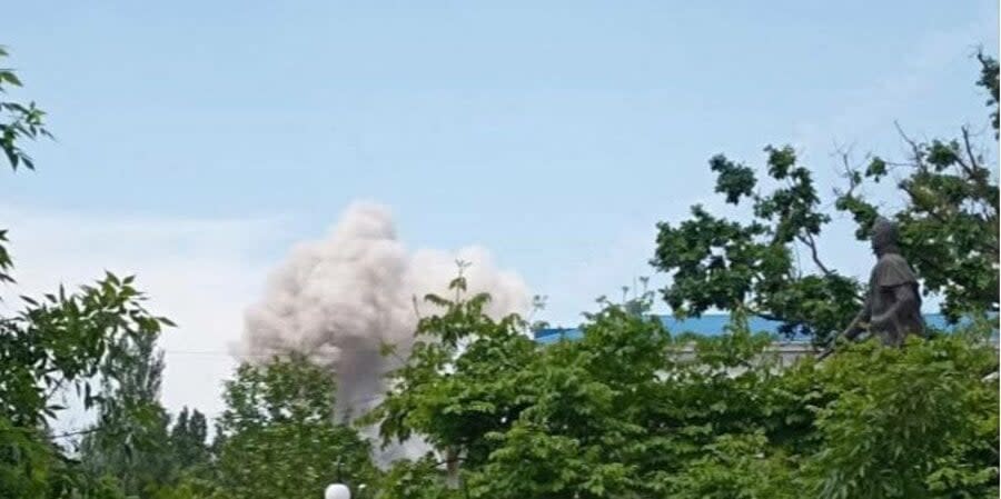 Puffs of smoke after a powerful explosion in the port of Berdyansk