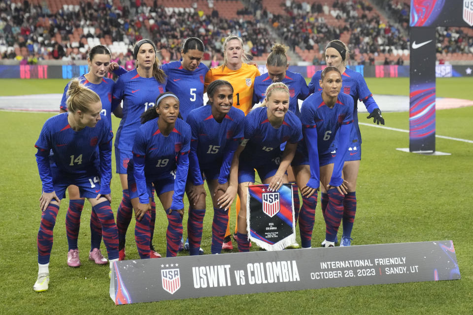 The U.S. starters pose for a photograph before an international friendly soccer match against Colombia on Thursday, Oct. 26, 2023, in Sandy, Utah. (AP Photo/Rick Bowmer)