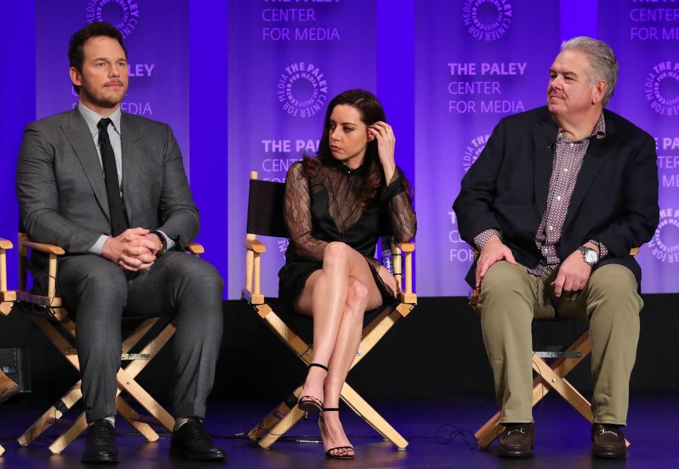 Chris Pratt, Aubrey Plaza and Jim O'Heir attend PaleyFest's &ldquo;Parks And Recreation&rsquo; 10-year reunion on Thursday. (Photo: Jean Baptiste Lacroix via Getty Images)