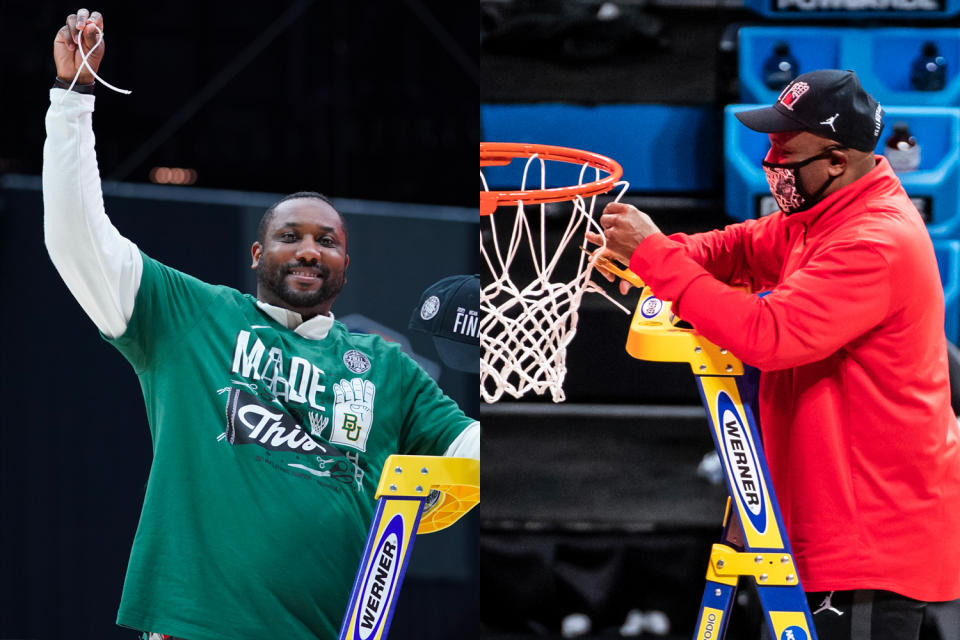 Alvin Brooks III, left, and his father, Alvin Brooks II, will face each other in the Final Four when Baylor takes on Houston. (Courtesy of Baylor and Houston)