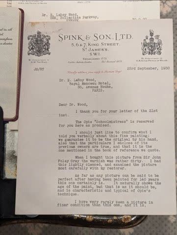 <p>FBI</p> A copy of the presale letter of availability addressed to Dr. Earl Leroy Wood from Spink & Son, Ltd., authenticating and describing the quality of the John Opie oil on canvas, dated September 23, 1930.