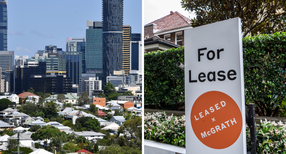 Composite image of Australian property and for rent sign. 