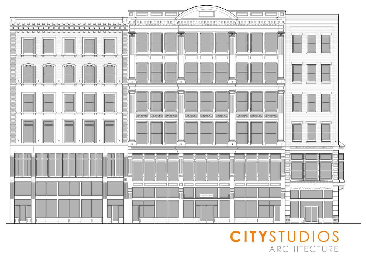 Artist's diagram of the redeveloped Chong building with a multi-story overbuild in downtown Cincinnati