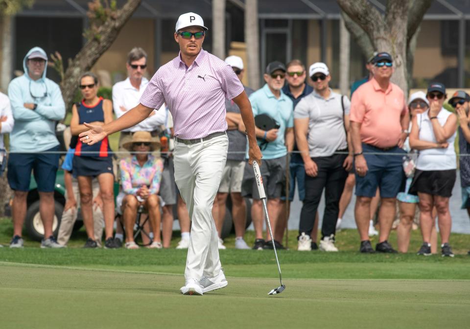 Golfer Ricky Fowler watches his putt fall short during the second round of The Cognizant Classic in The Palm Beaches at PGA National Resort & Spa on March 1, 2024 in Palm Beach Gardens, Florida.