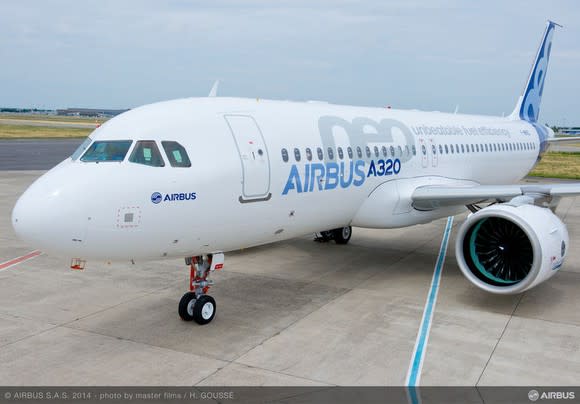 An Airbus A320neo jet parked on the tarmac
