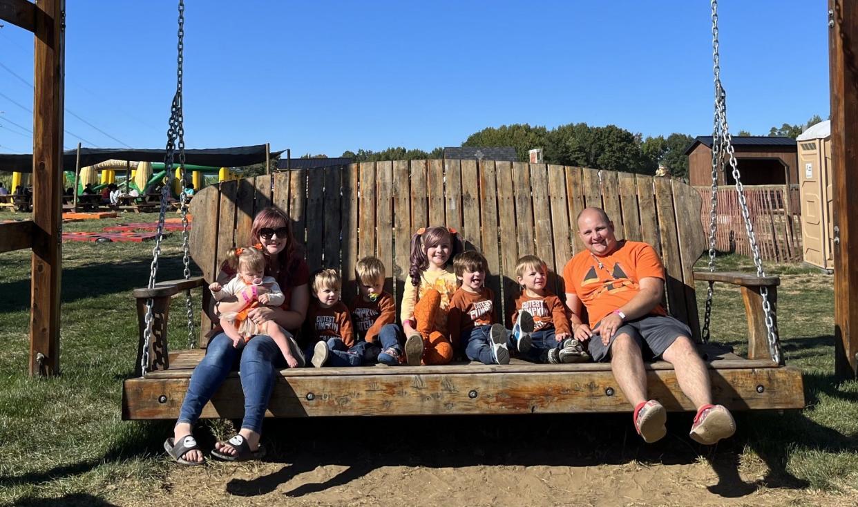Air Force Sgt. Kyle Matthews with family at a farm in Manalapan, New Jersey, in October 2022. Pictured right to left, next to Matthews are: twins Bradley and Bryan, now 5; daughter Lydia, now 9; twins Leo and Luke, now 4; wife, Kylie, with daughter Isabella, now 3.
(Credit: Provided by the Matthews Family)