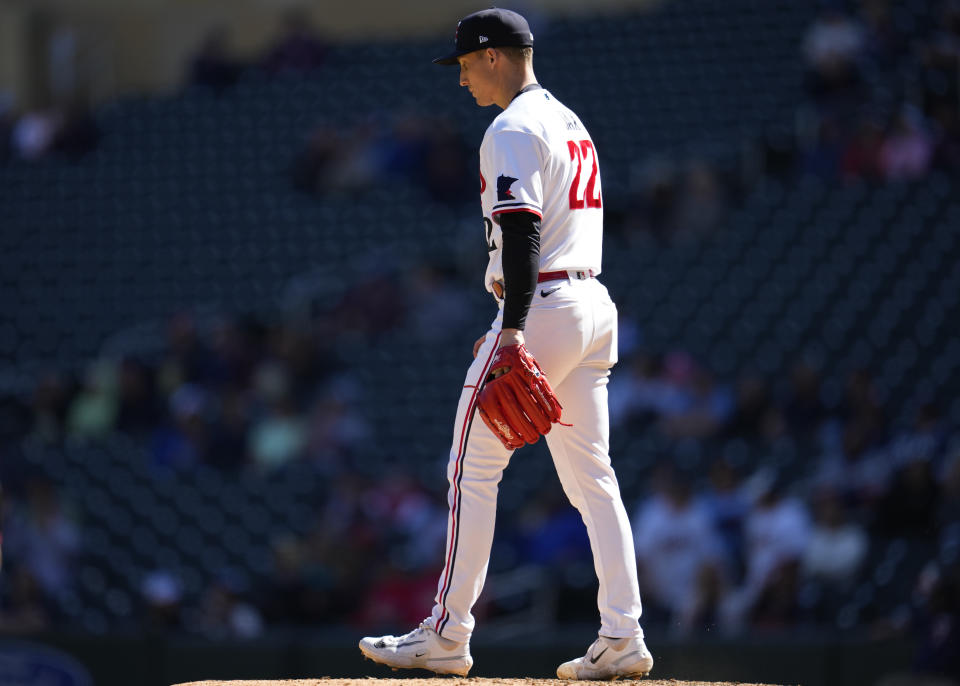 Minnesota Twins relief pitcher Griffin Jax (22) reacts after a solo home run by Tampa Bay Rays' Randy Arozarena during the ninth inning of a baseball game Wednesday, Sept. 13, 2023, in Minneapolis. (AP Photo/Abbie Parr)