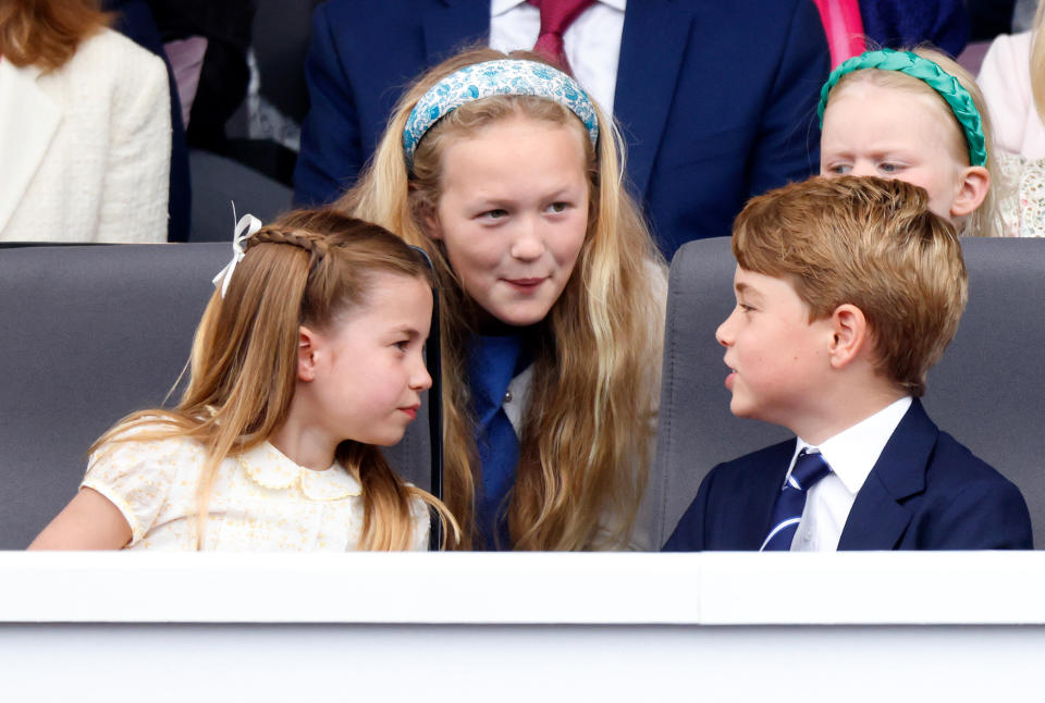 LONDON, UNITED KINGDOM - JUNE 05: (EMBARGOED FOR PUBLICATION IN UK NEWSPAPERS UNTIL 24 HOURS AFTER CREATE DATE AND TIME) Princess Charlotte of Cambridge, Savannah Phillips (2nd row), Prince George of Cambridge and Lena Tindall (2nd row) attend the Platinum Pageant on The Mall on June 5, 2022 in London, England. The Platinum Jubilee of Elizabeth II is being celebrated from June 2 to June 5, 2022, in the UK and Commonwealth to mark the 70th anniversary of the accession of Queen Elizabeth II on 6 February 1952. (Photo by Max Mumby/Indigo/Getty Images)