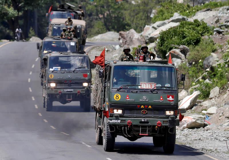 FILE PHOTO: Indian Army convoy moves along a highway leading to Ladakh, at Gagangeer