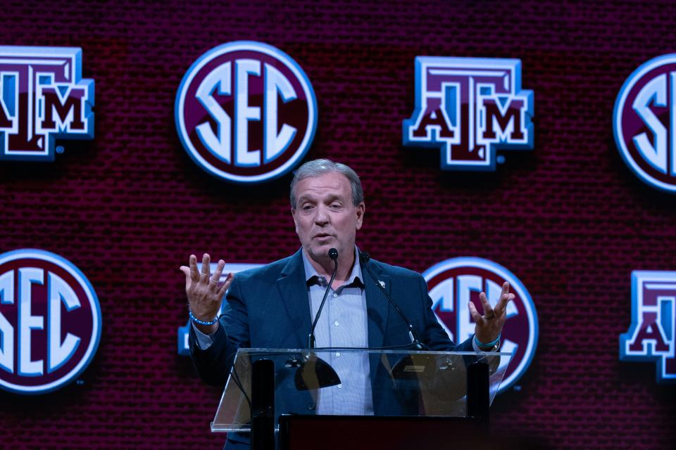 Texas A&M Head Coach Jimbo Fisher addresses the media at the 2023 SEC Football Kickoff Media Days at the Nashville Grand Hyatt on Broadway, Monday, July 17, 2023. Denny Simmons / The Tennessean-USA TODAY NETWORK