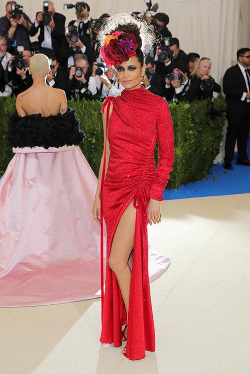 The actress certainly did her research before landing on the red carpet in this breathtaking red gown and amazing headpiece.