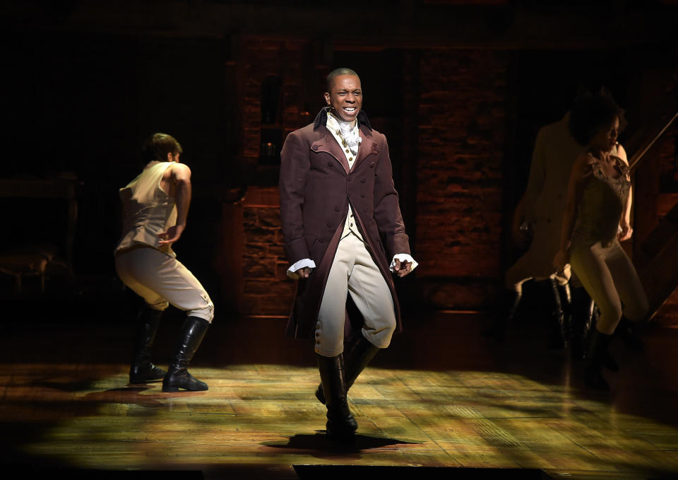 NEW YORK, NY - FEBRUARY 15:  Actor Leslie Odom, Jr. performs on stage during 'Hamilton' GRAMMY performance for The 58th GRAMMY Awards at Richard Rodgers Theater on February 15, 2016 in New York City.  (Photo by Theo Wargo/WireImage)