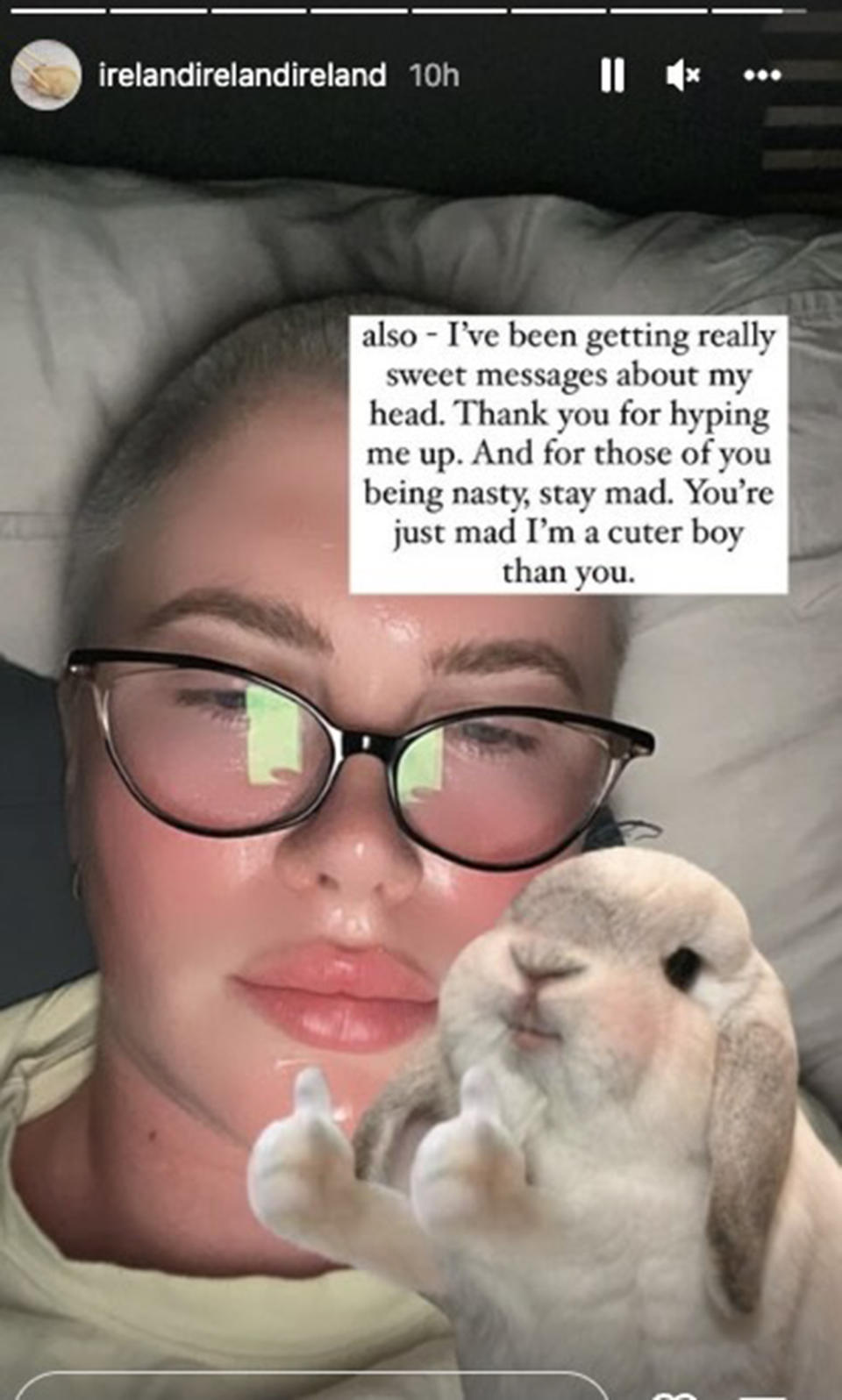 Baldwin responded to her critics on her Instagram stories after revealing her buzz cut. (@irelandirelandireland via Instagram )