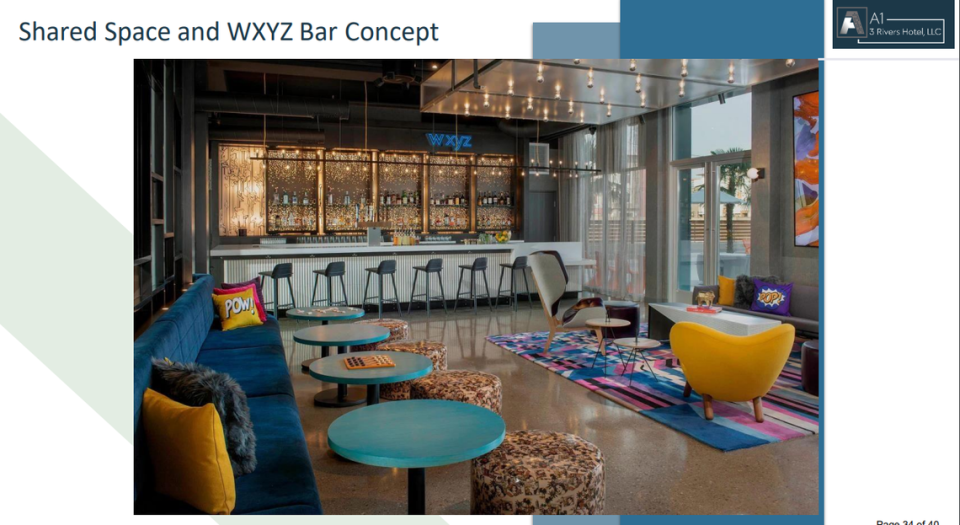 A proposed Aloft hotel to serve an expanded Three Rivers Convention Center would feature bright colors and a coffee bar that would convert to a cocktail bar in the evening.