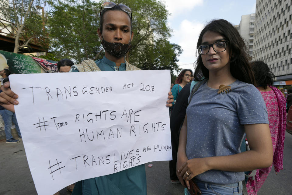 Members of Pakistan's transgender community take part in a protest in Karachi, Pakistan, Saturday, May 20, 2023. Transgender activists in Pakistan say they plan to appeal an Islamic court’s ruling that guts a law aimed at protecting their rights. The Transgender Persons (Protection of Rights) Act was passed by Parliament in 2018 to secure the fundamental rights of transgender Pakistanis. But the Federal Shariat Court struck down several provisions of the law on Friday, terming them “un-Islamic.” (AP Photo/Fareed Khan)