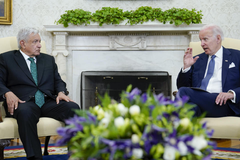 President Joe Biden speaks as he meets with Mexican President Andrés Manuel López Obrador in the Oval Office of the White House in Washington, Tuesday, July 12, 2022. (AP Photo/Susan Walsh)