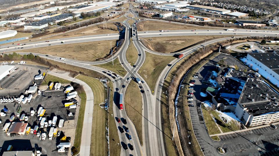 The west side of the diverging diamond highway interchange at I-270 and Roberts Road switches traffic to the opposite sides of the road as it passes over the freeway and create free-flow turns onto the ramps.