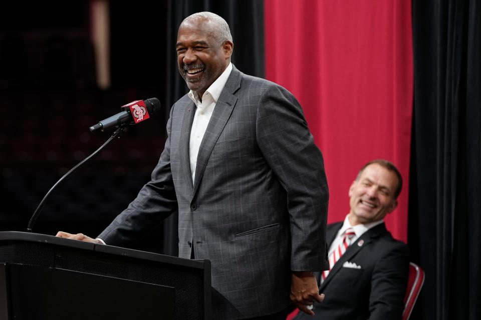 Mar 18, 2024; Columbus, OH, USA; Ohio State athletic director Gene Smith speaks beside the incoming athletic director Ross Bjork during the introductory press conference for basketball head coach Jake Diebler at Value City Arena.
