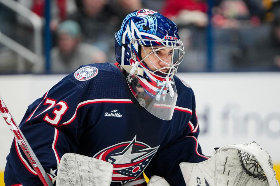 Dec 8, 2023; Columbus, Ohio, USA; Columbus Blue Jackets goaltender Jet Greaves (73) stands in net during the second period of the NHL game against the St. Louis Blues at Nationwide Arena.